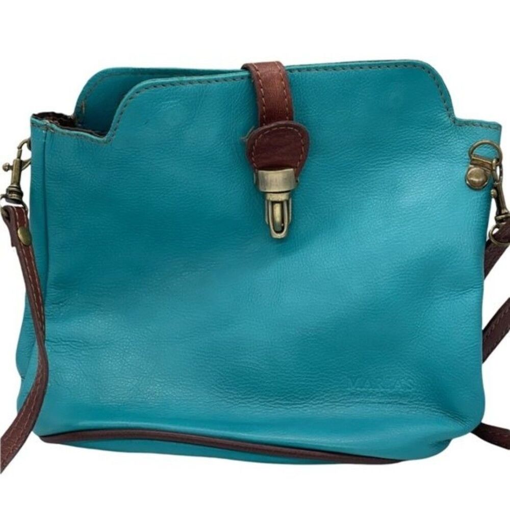 Aqua Blue Leather Crossbody Bag with Clasp Gold Hardware Made in Italy Interi…